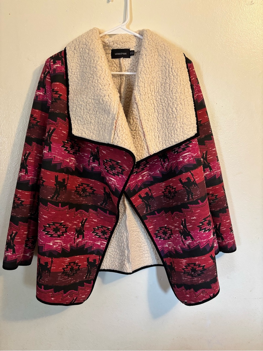 MINKPINK Pink Aztec-Pattern Sherpa Jacket with Cream Lining
